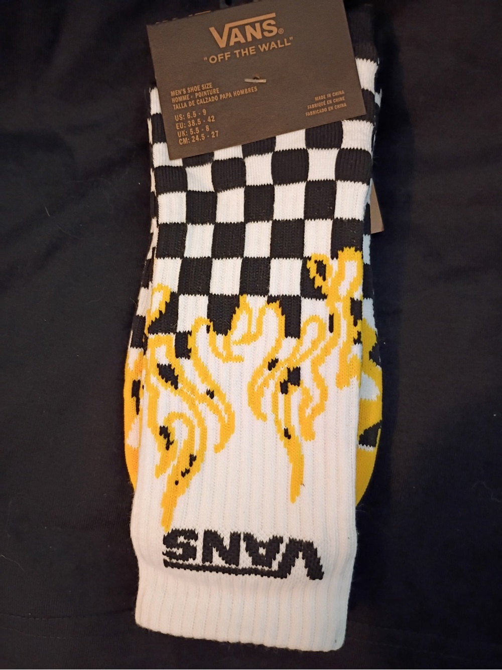 Vans Checkerboard Crew Socks with Yellow Flame Accent
